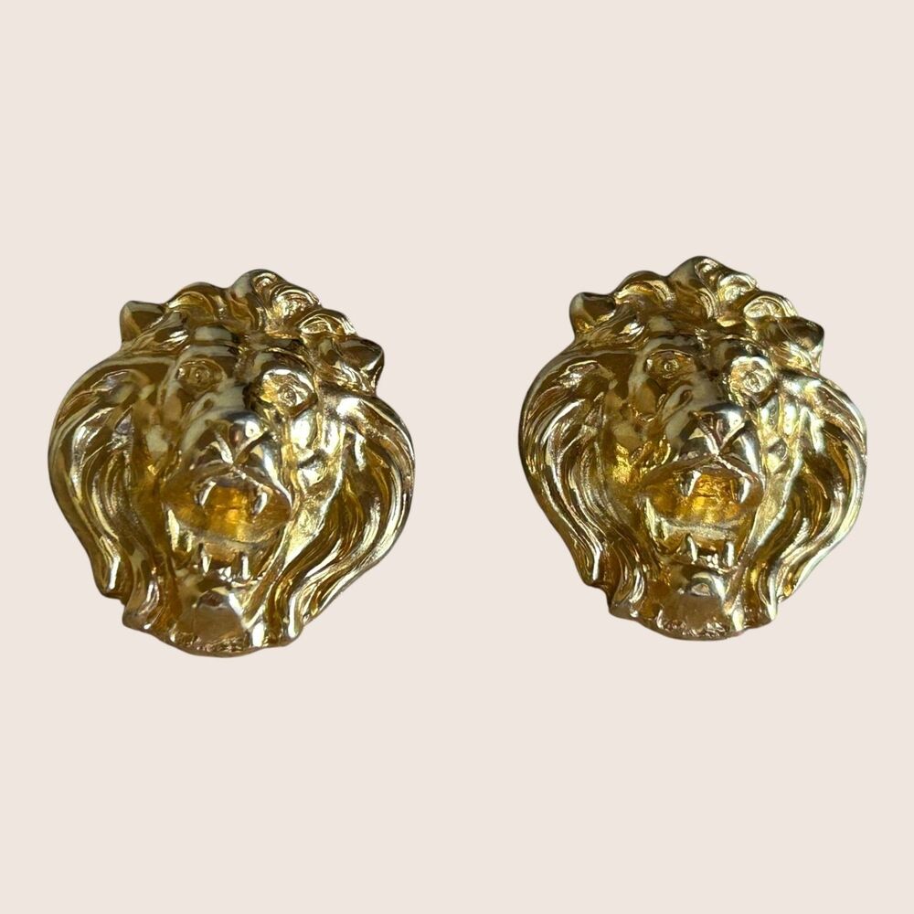 🦁 VTG LION TIGER HEAD GOLD TONE PIERCED STUD EARRINGS 1 1/4"